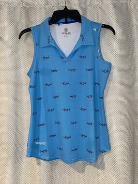 Scales Powder Blue Tropical Marlins Sleeveless Polo Shirt Golf Top Collared XS